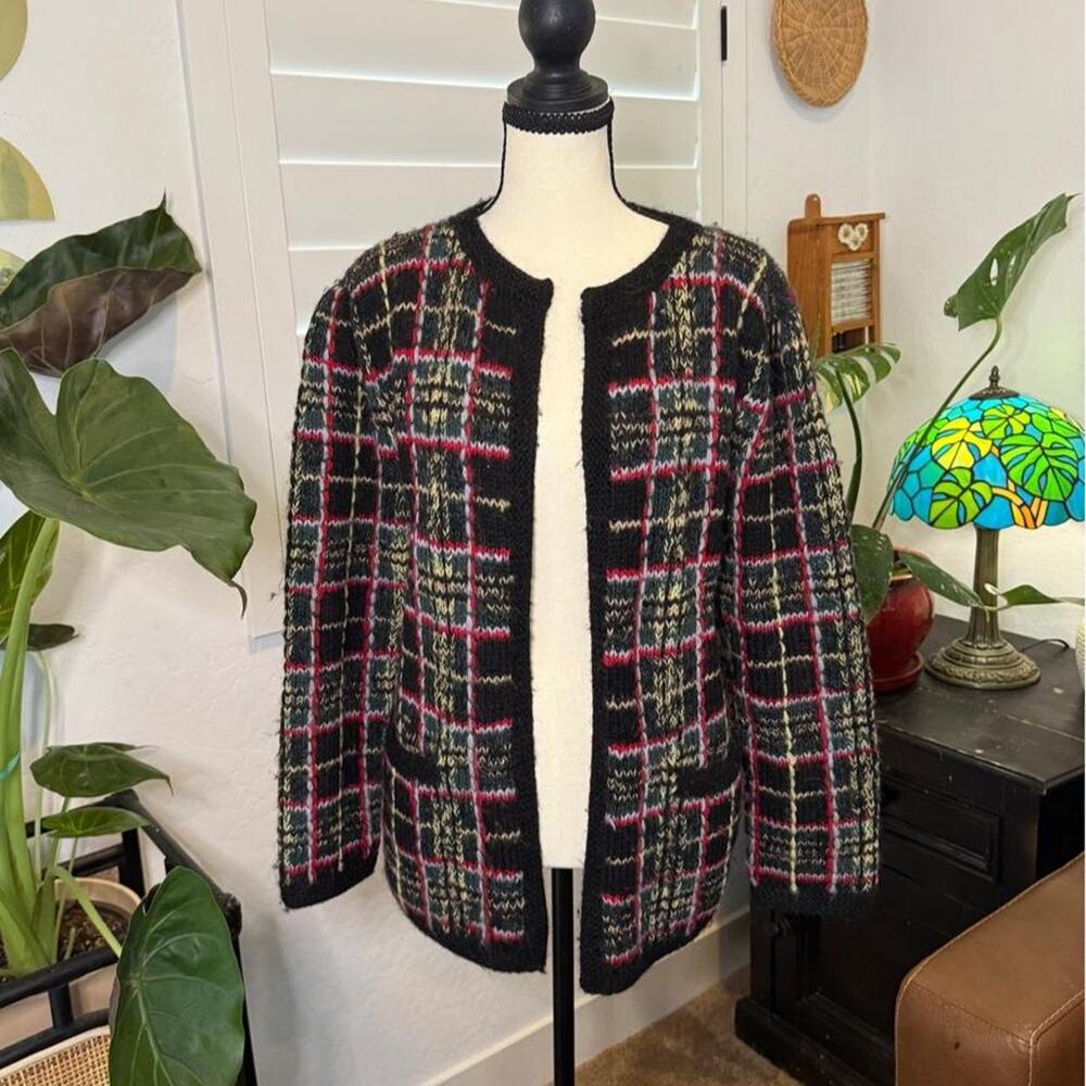 Vintage 90s JH Collectibles Wool Mohair Plaid Cardigan Dark Academia